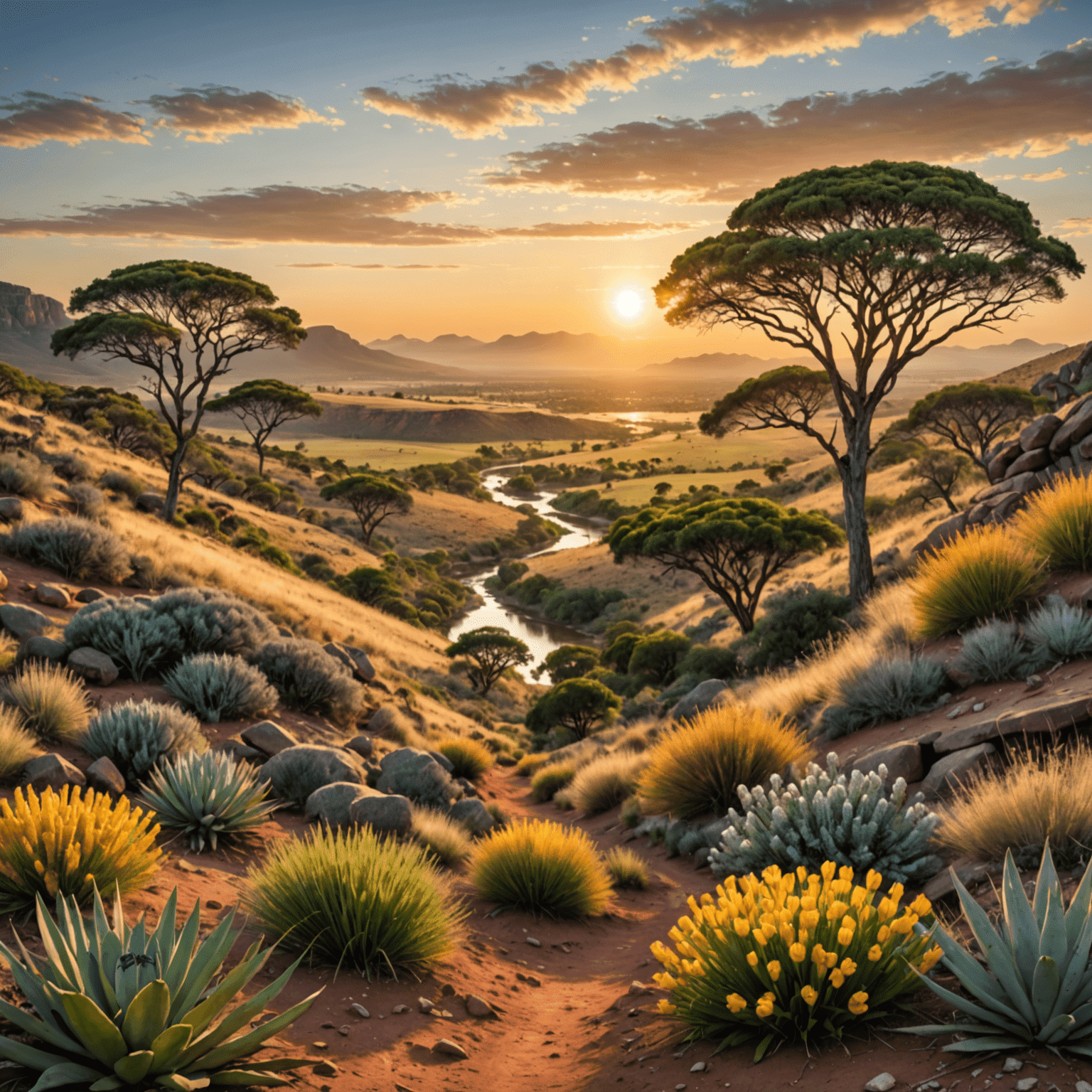 A serene landscape of South African nature, symbolizing balance and growth in the face of economic challenges. The image shows a sunrise over a diverse ecosystem, representing hope and new beginnings in financial mindsets.