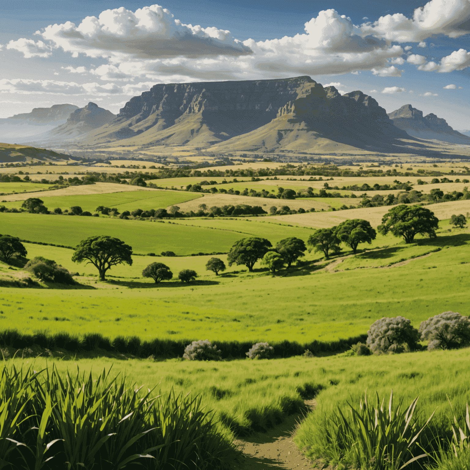 A serene landscape of South African nature, symbolizing the balance between economic growth and environmental preservation. The image shows a lush green field with a distant cityscape, representing the harmony between development and sustainability.