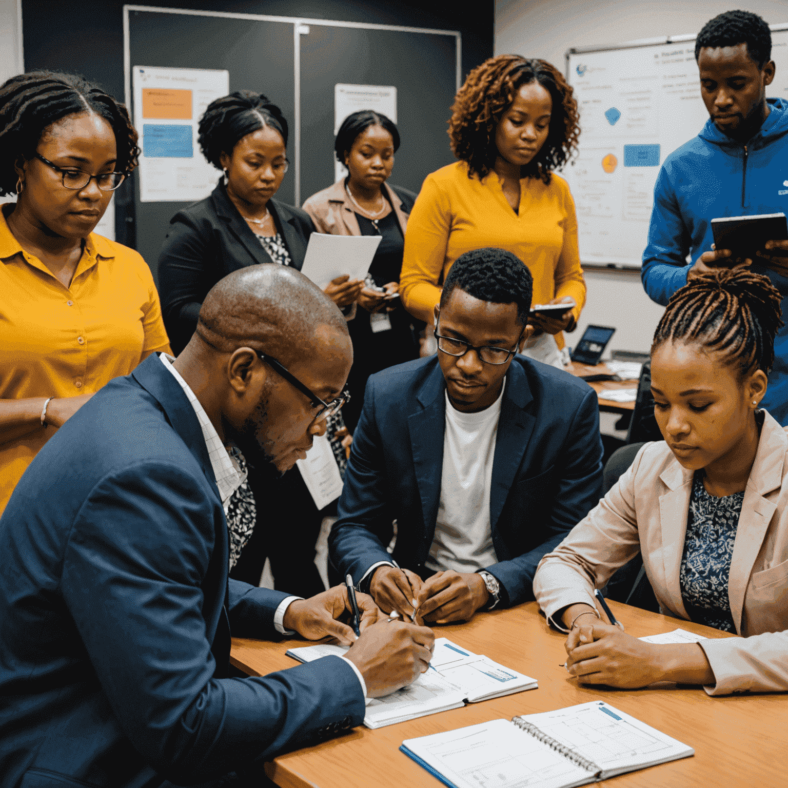 A diverse group of South African adults and youth engaged in a financial literacy workshop, with facilitators using interactive displays and participants taking notes