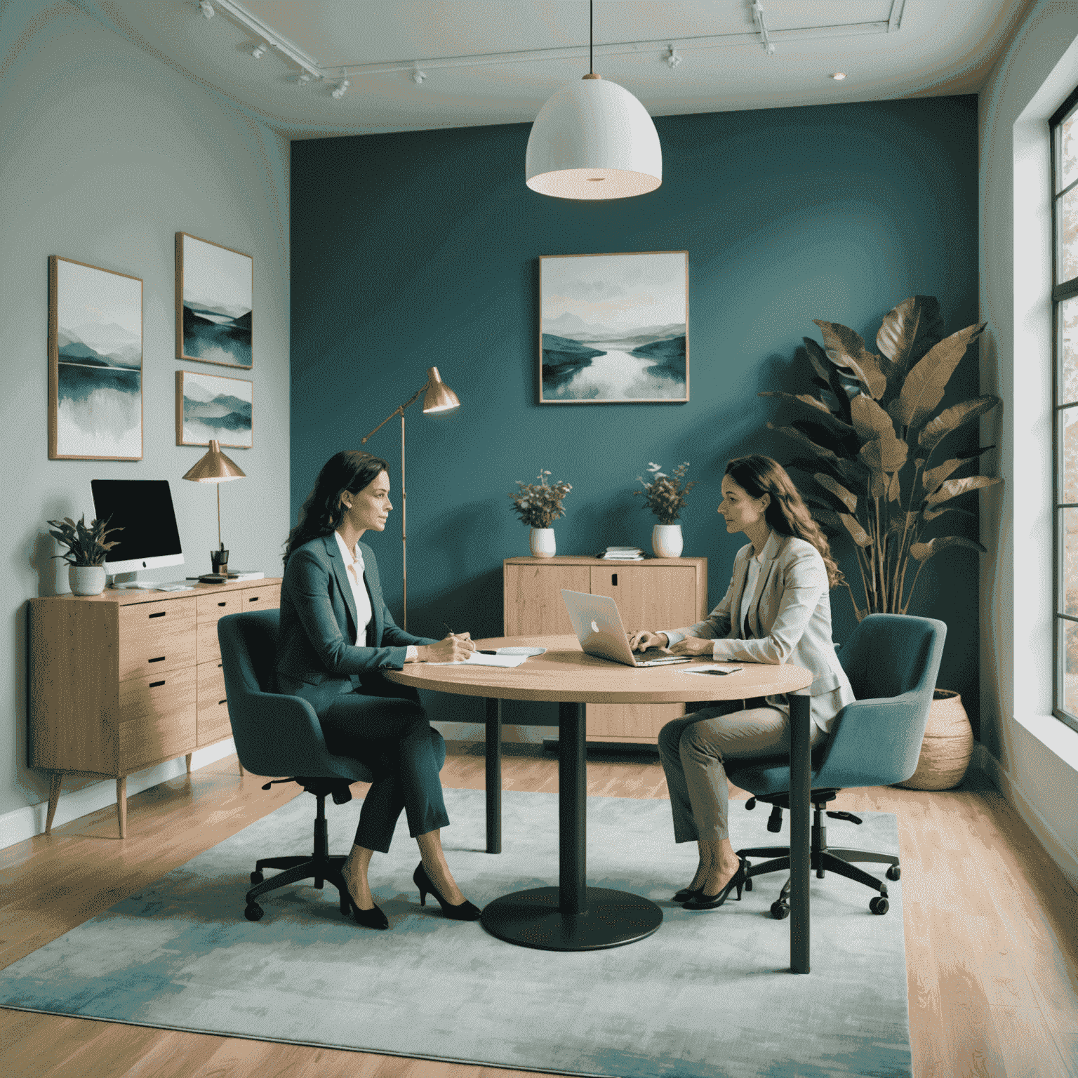 A serene office setting with a financial coach and client engaged in a thoughtful discussion, surrounded by calming blue and green tones