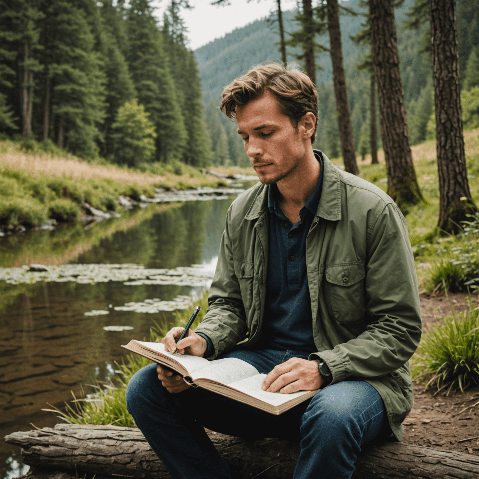A serene image of a person sitting in a calm, natural setting, looking thoughtful while holding a journal. The scene suggests introspection and personal growth in relation to financial matters.