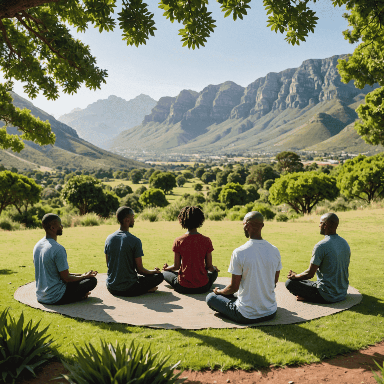 A serene landscape in South Africa with people practicing mindfulness exercises outdoors. The image shows a group of diverse individuals sitting in a circle, surrounded by lush greenery and mountains in the background. They appear to be engaged in a guided meditation or financial planning session.