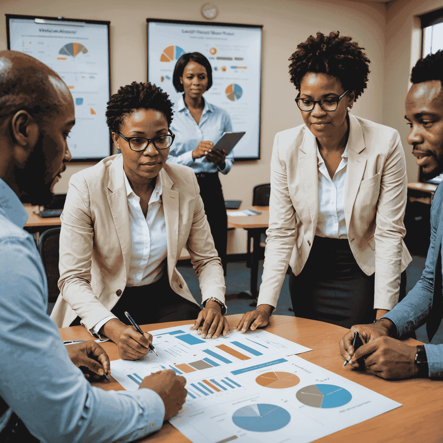 A diverse group of South African employees engaged in a financial wellness workshop, with a facilitator using interactive charts and positive body language to explain concepts