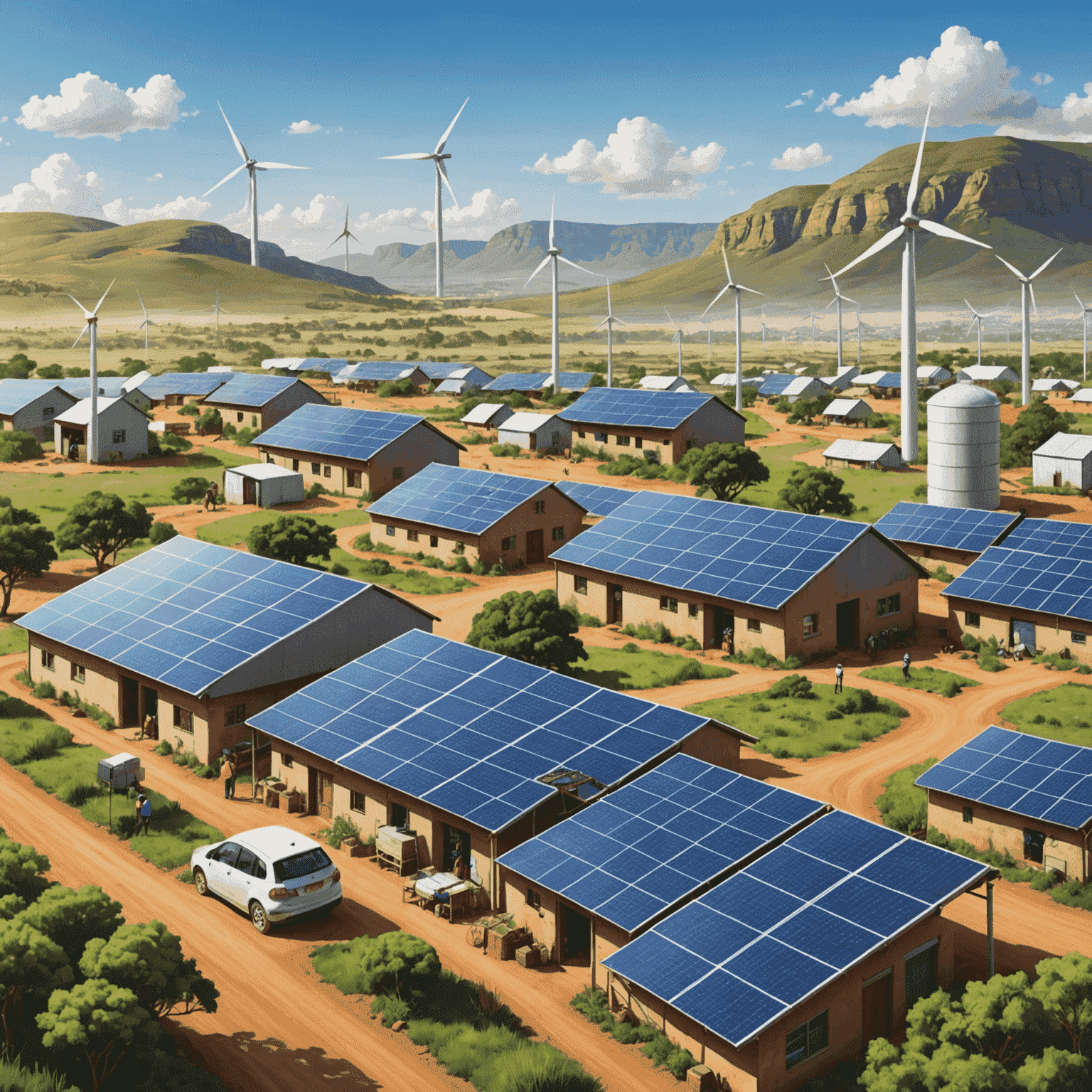 Illustration of sustainable investments in South Africa, showing renewable energy projects, ethical business practices, and community development initiatives
