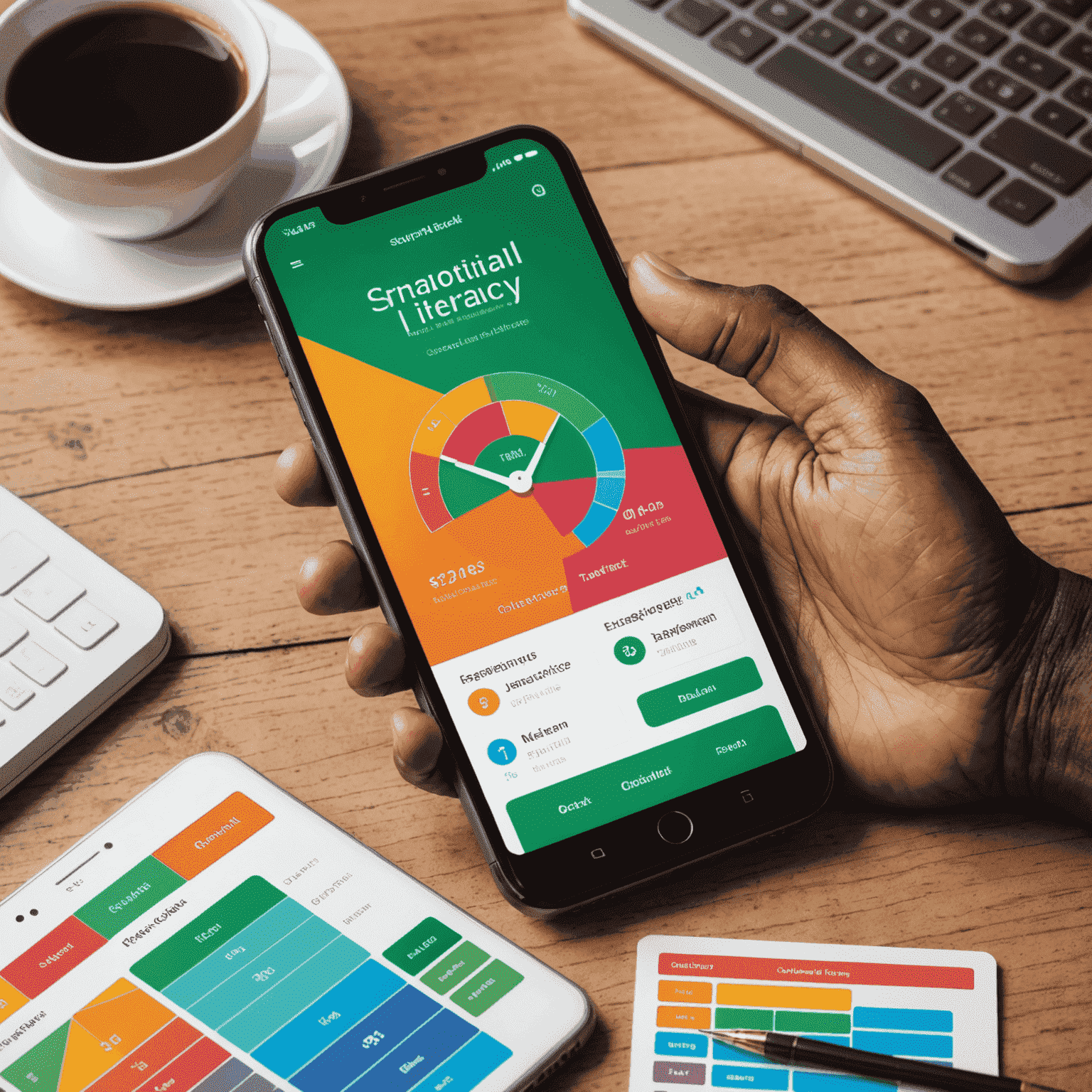A smartphone displaying a financial literacy app interface with colorful graphs, goal-setting features, and educational content tailored for South African users