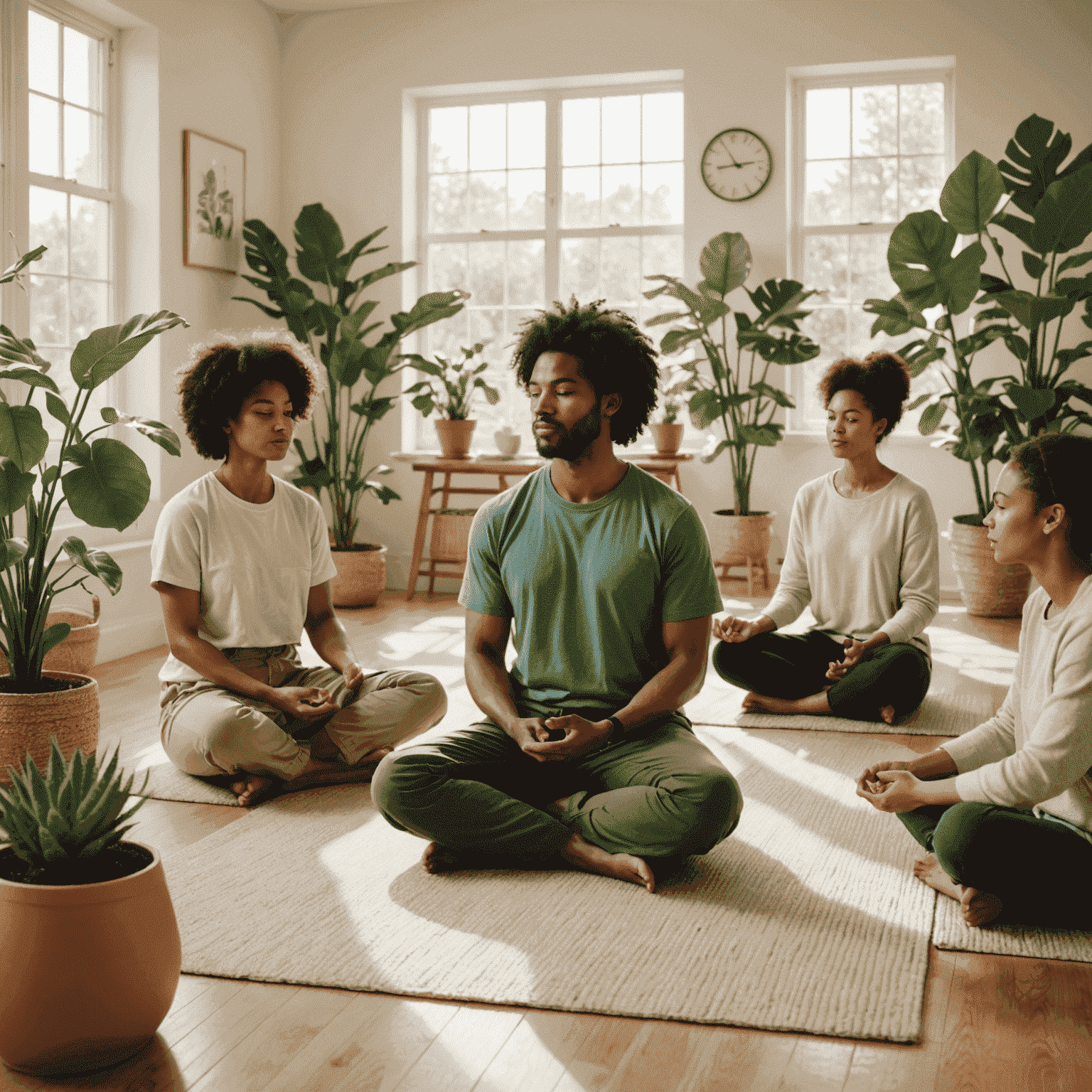 A group of diverse individuals practicing mindfulness in a bright, airy room with plants and soft lighting