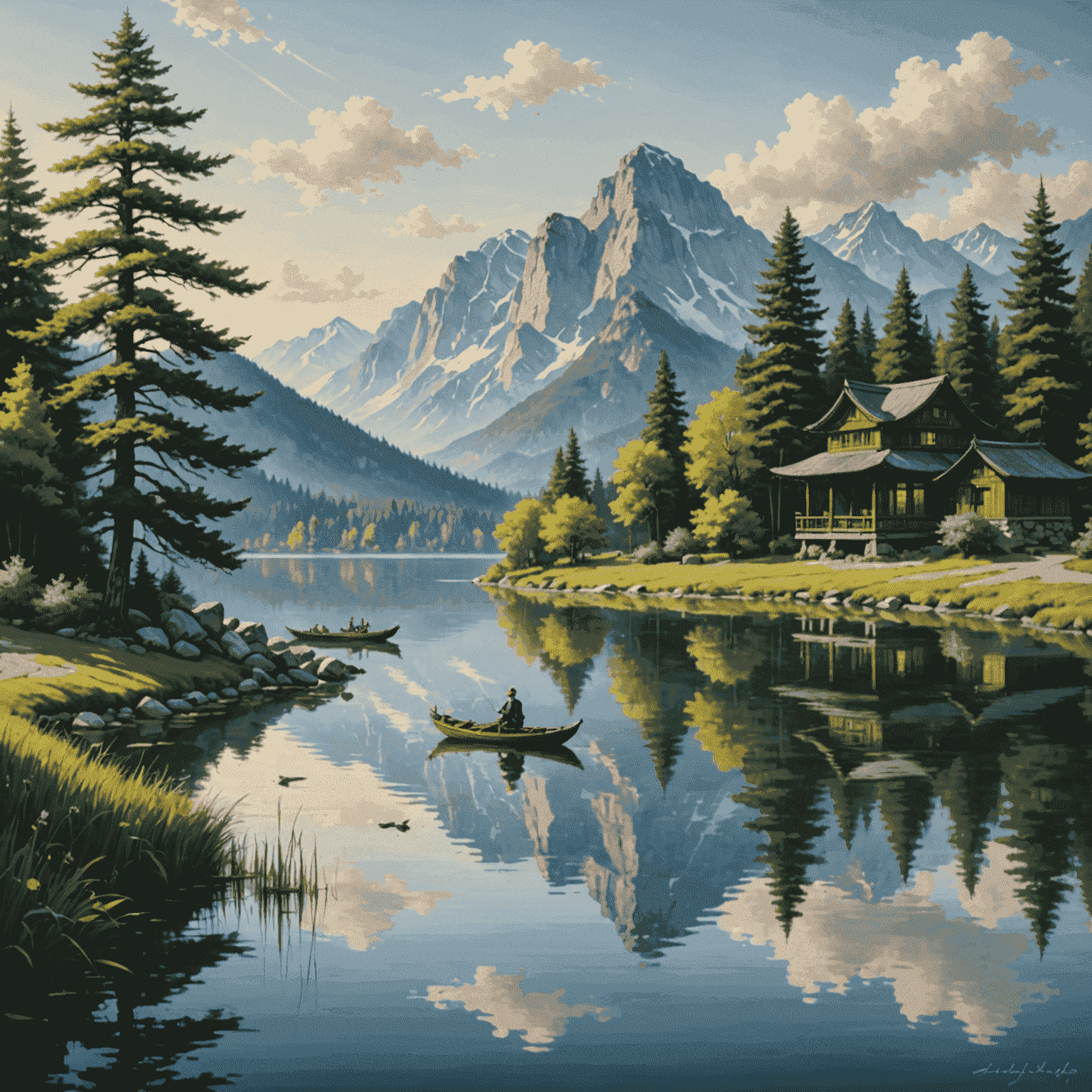 A serene landscape symbolizing financial peace, featuring a calm lake reflecting a prosperous cityscape. The image represents the balance between inner tranquility and financial success achieved through mindfulness practices.