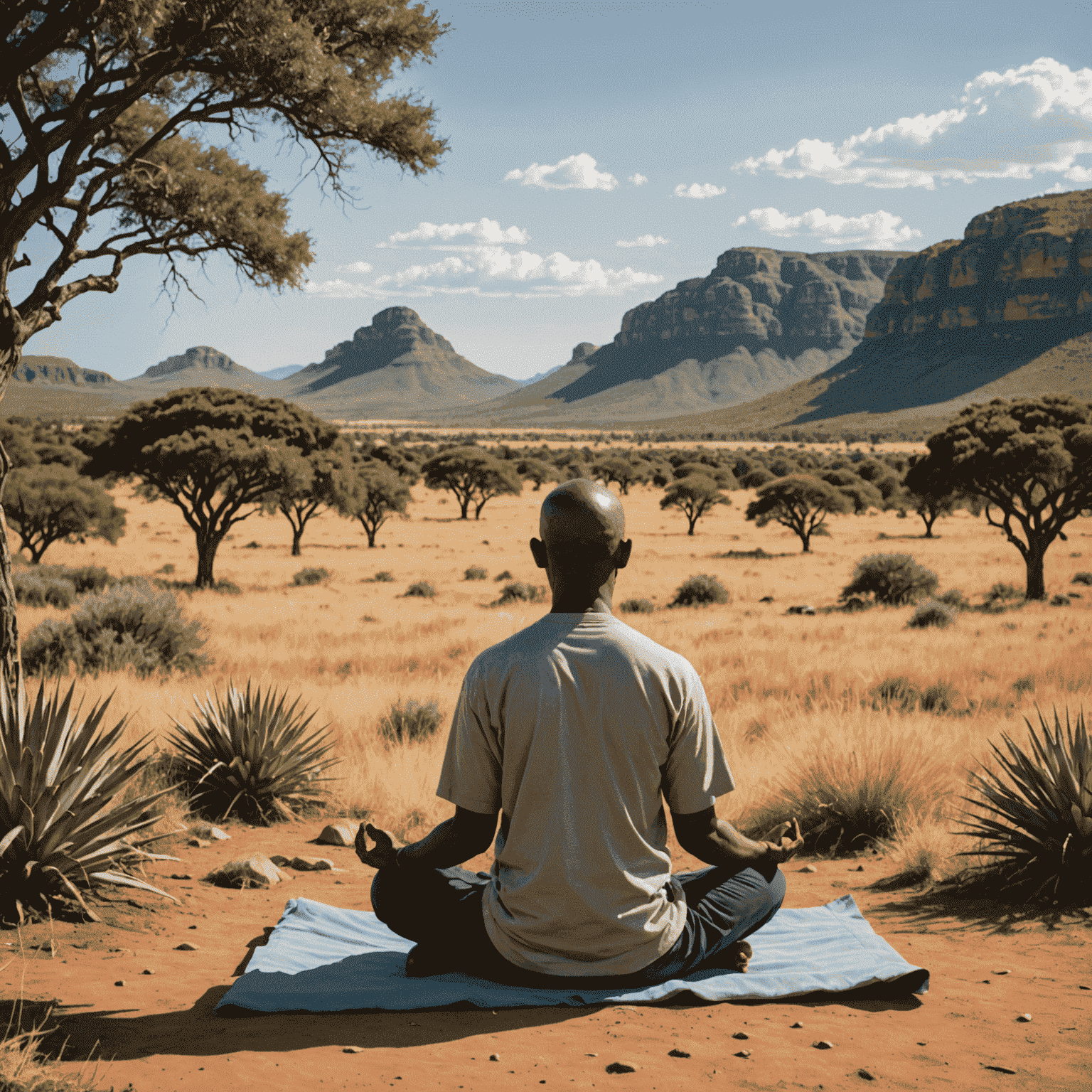 A serene South African landscape with a person meditating, symbolizing the balance between financial well-being and personal growth