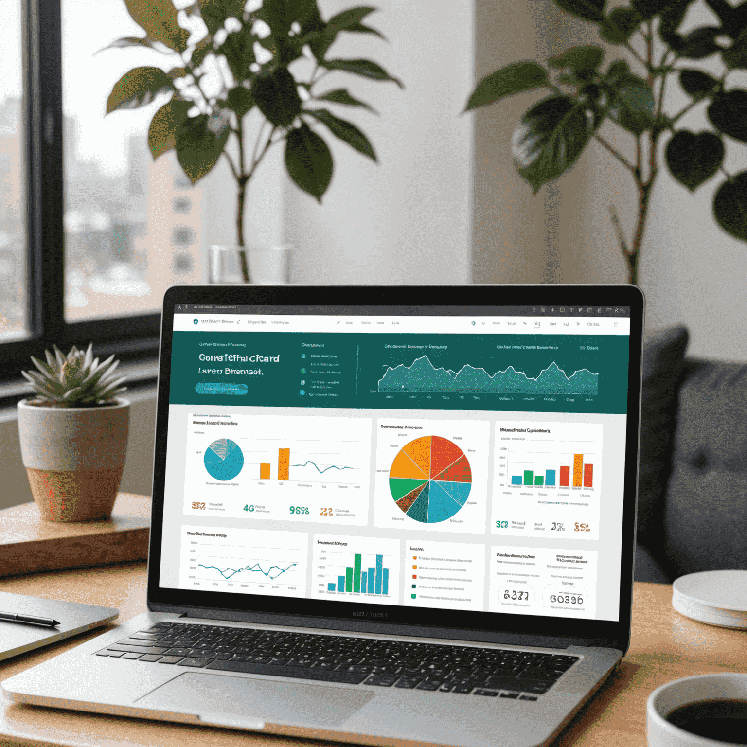A laptop screen showing an interactive online course dashboard with financial graphs and mindfulness elements